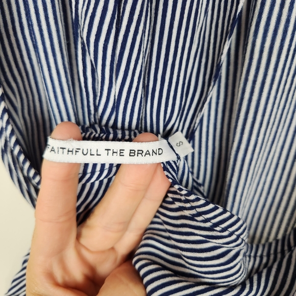 Faithfull the Brand Blue White Vertical Stripe Tie Neck Open Back Romper Sz S - Picture 7 of 9